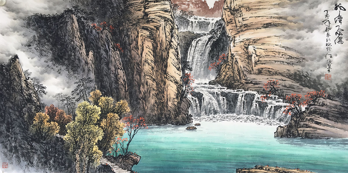 汪俊山水画《龙潭飞瀑》138×68CM